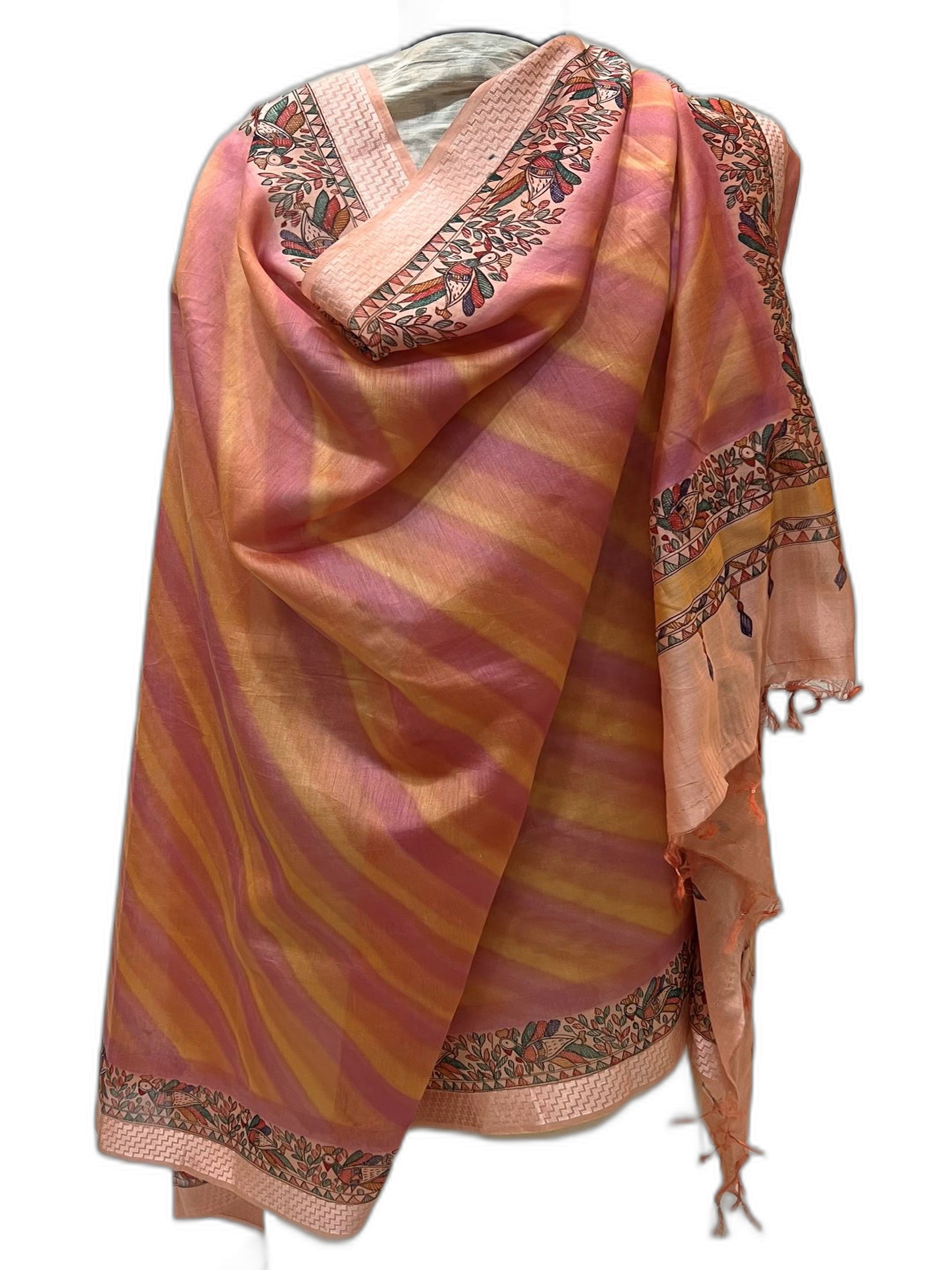 Hand-Painted Chanderi Dupatta- Shaded Pink in Leherya Style